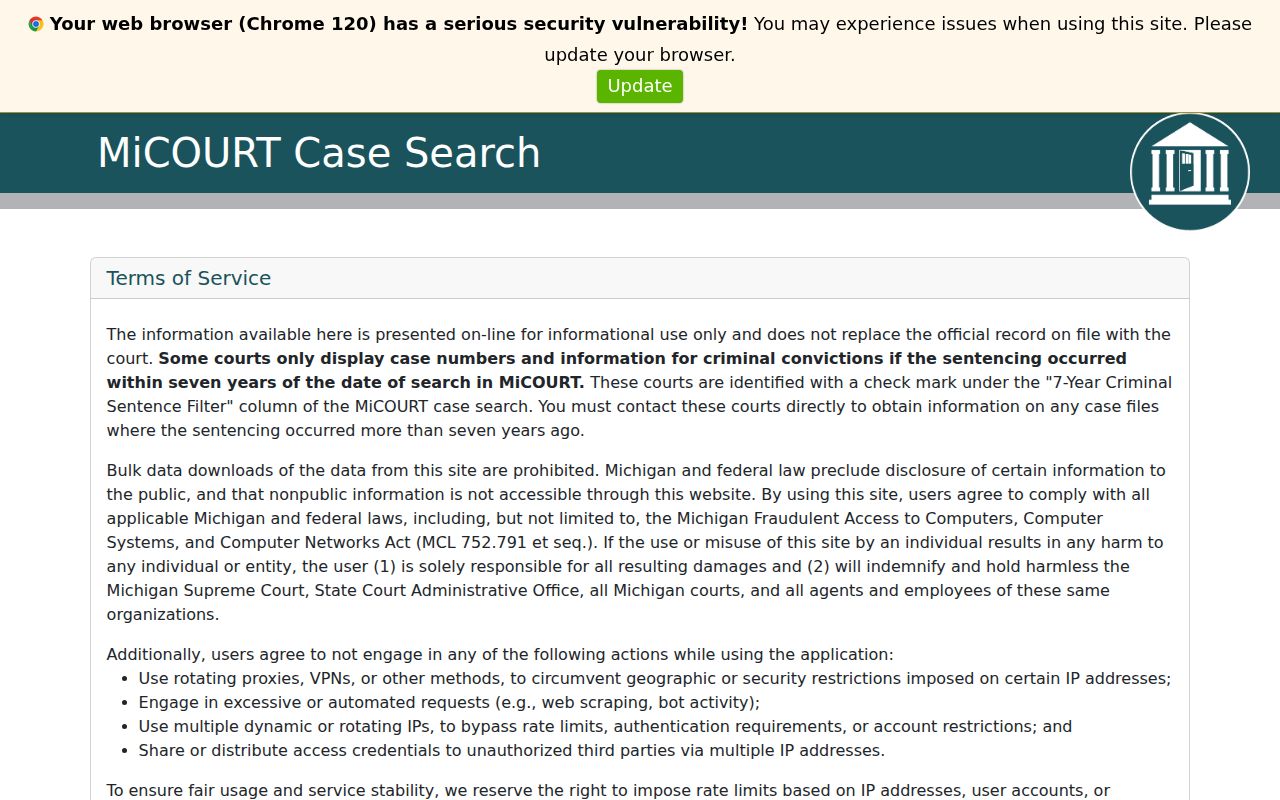 Michigan public case search used for Alcona County warrant records